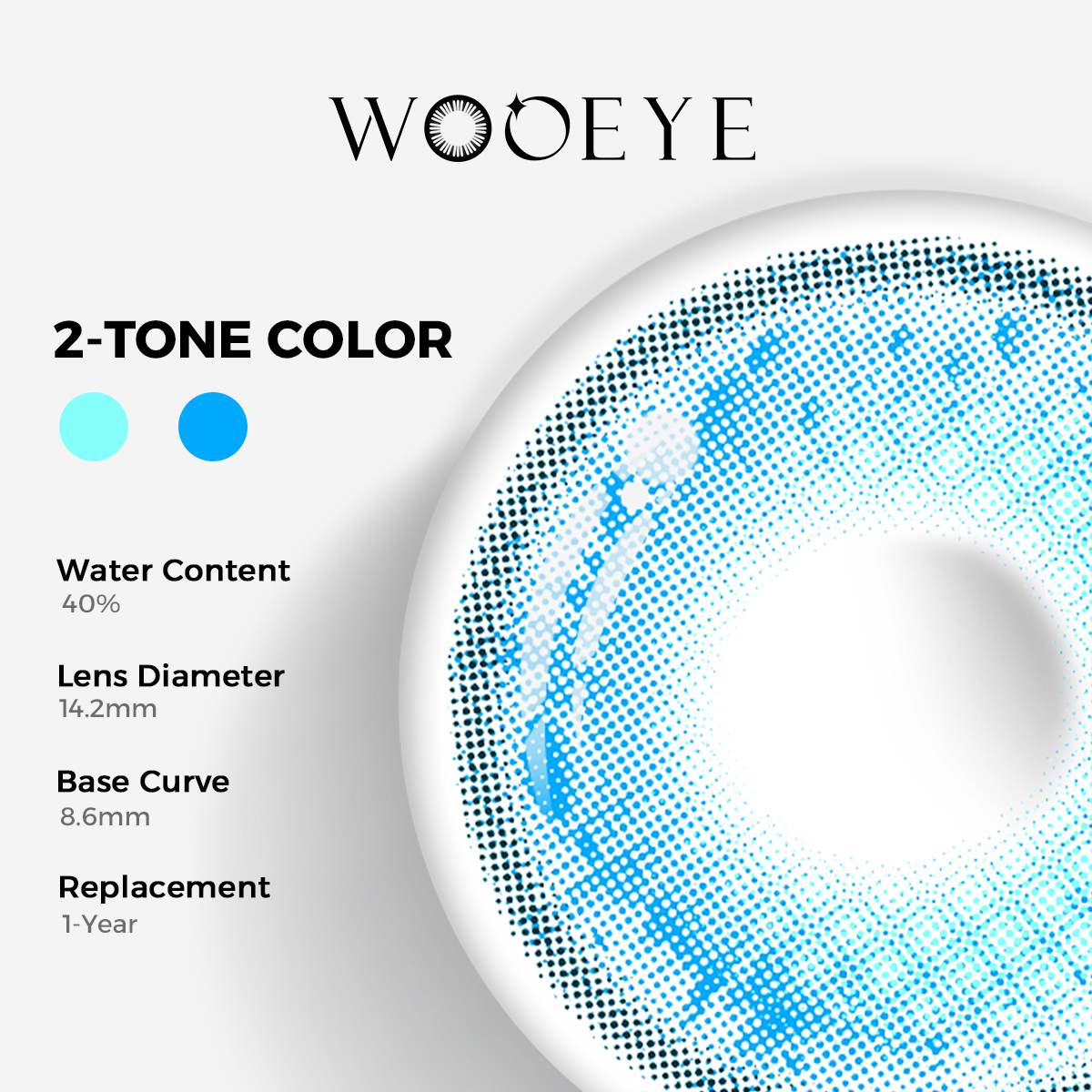 Soul Blue Color Contacts specifications: 14.2mm diameter, 8.6mm base curve, and 40% water content for daily comfort.