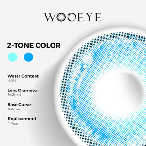 Soul Blue Color Contacts specifications: 14.2mm diameter, 8.6mm base curve, and 40% water content for daily comfort.