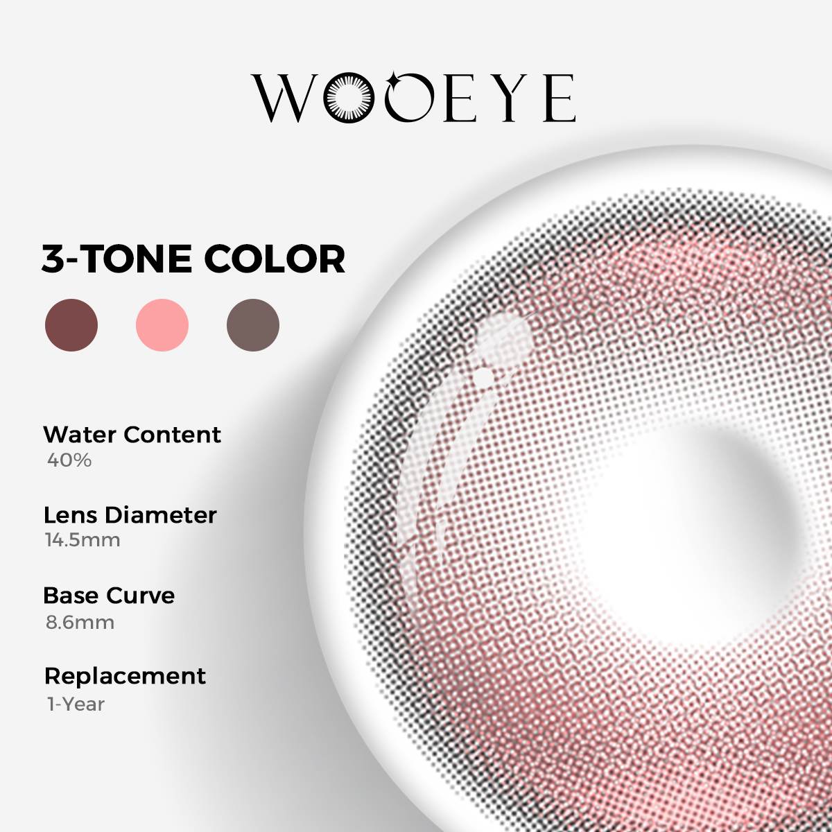 Halo Pro Pink Color Contacts specifications: 14.5mm diameter, 8.6mm base curve, and 40% water content for daily comfort.