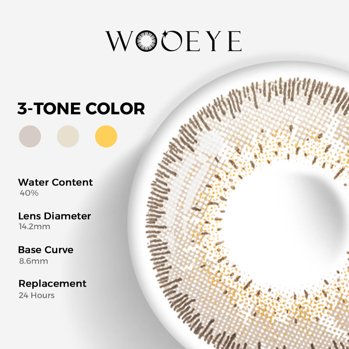 Salty White Gray Color Contacts specifications: 14.2mm diameter, 8.6mm base curve, and 40% water content for daily comfort.