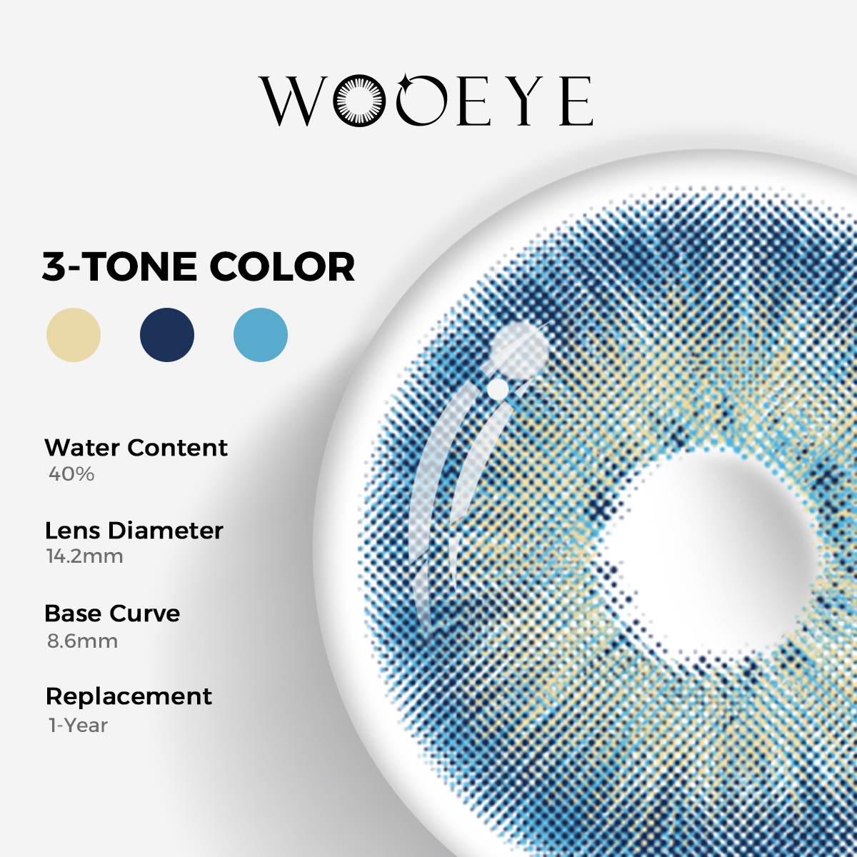 Pattaya Blue Color Contacts specifications: 14.2mm diameter, 8.6mm base curve, and 40% water content for daily comfort.