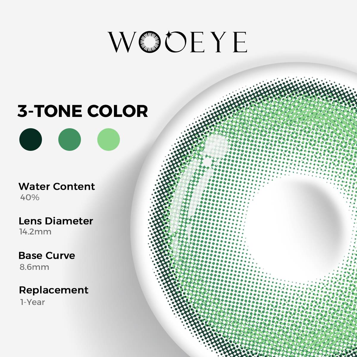 Aura Green Color Contacts specifications: 14.2mm diameter, 8.6mm base curve, and 40% water content for daily comfort.