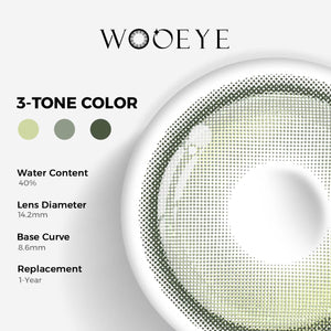 Hola Green Color Contacts specifications: 14.2mm diameter, 8.6mm base curve, and 40% water content for daily comfort.