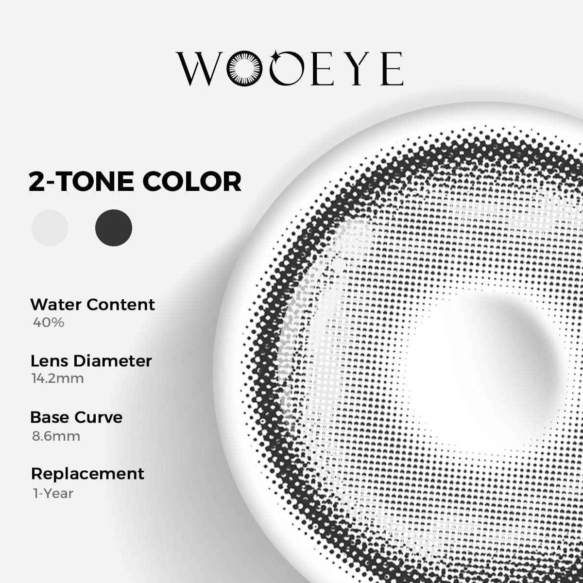 Heaven Gray Color Contacts specifications: 14.2mm diameter, 8.6mm base curve, and 40% water content for daily comfort.
