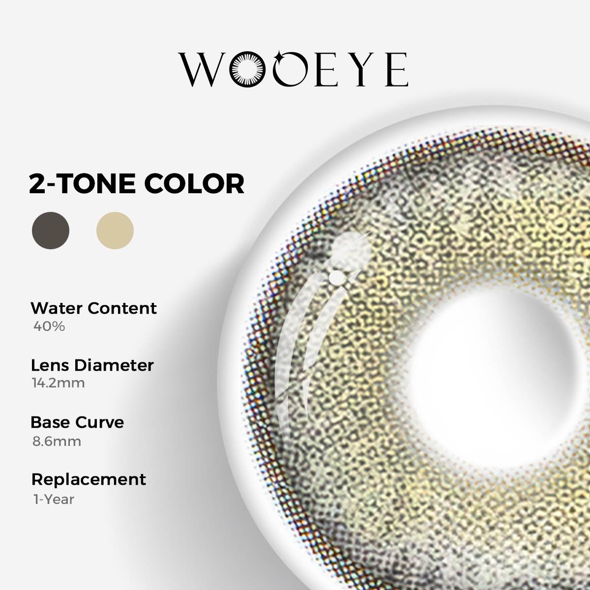 Diamond Brown II Color Contacts specifications: 14.2mm diameter, 8.6mm base curve, and 40% water content for daily comfort.