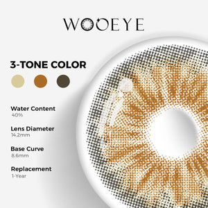 Cleo Hazel Brown Color Contacts specifications: 14.2mm diameter, 8.6mm base curve, and 40% water content for daily comfort.