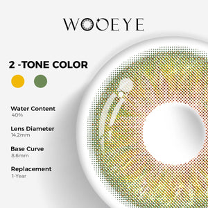 Velvet Green Color Contacts specifications: 14.2mm diameter, 8.6mm base curve, and 40% water content for daily comfort.