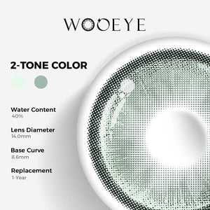 Boston Green Color Contacts specifications: 14.0mm diameter, 8.6mm base curve, and 40% water content for daily comfort.