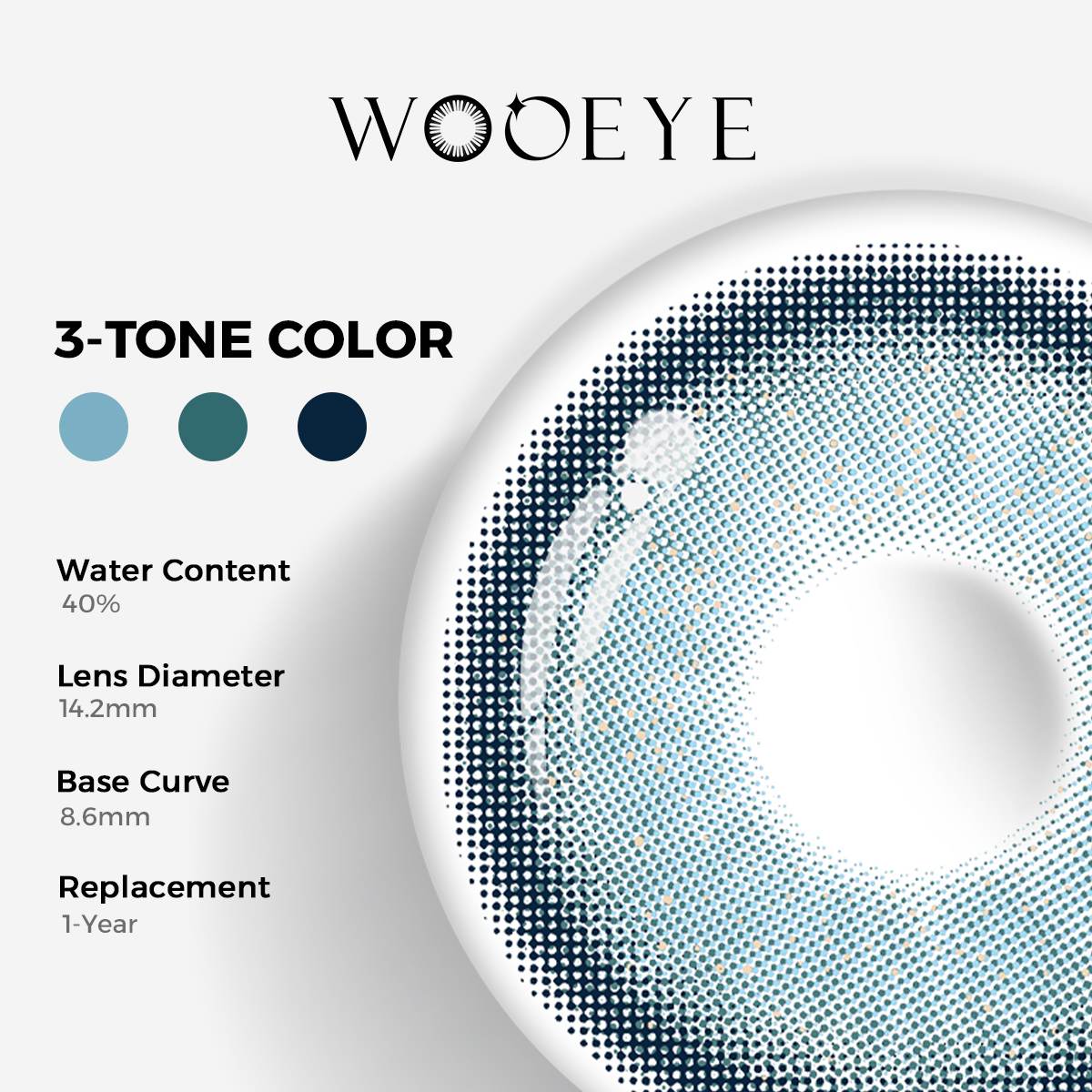 Star Blue Color Contacts specifications: 14.2mm diameter, 8.6mm base curve, and 40% water content for daily comfort.
