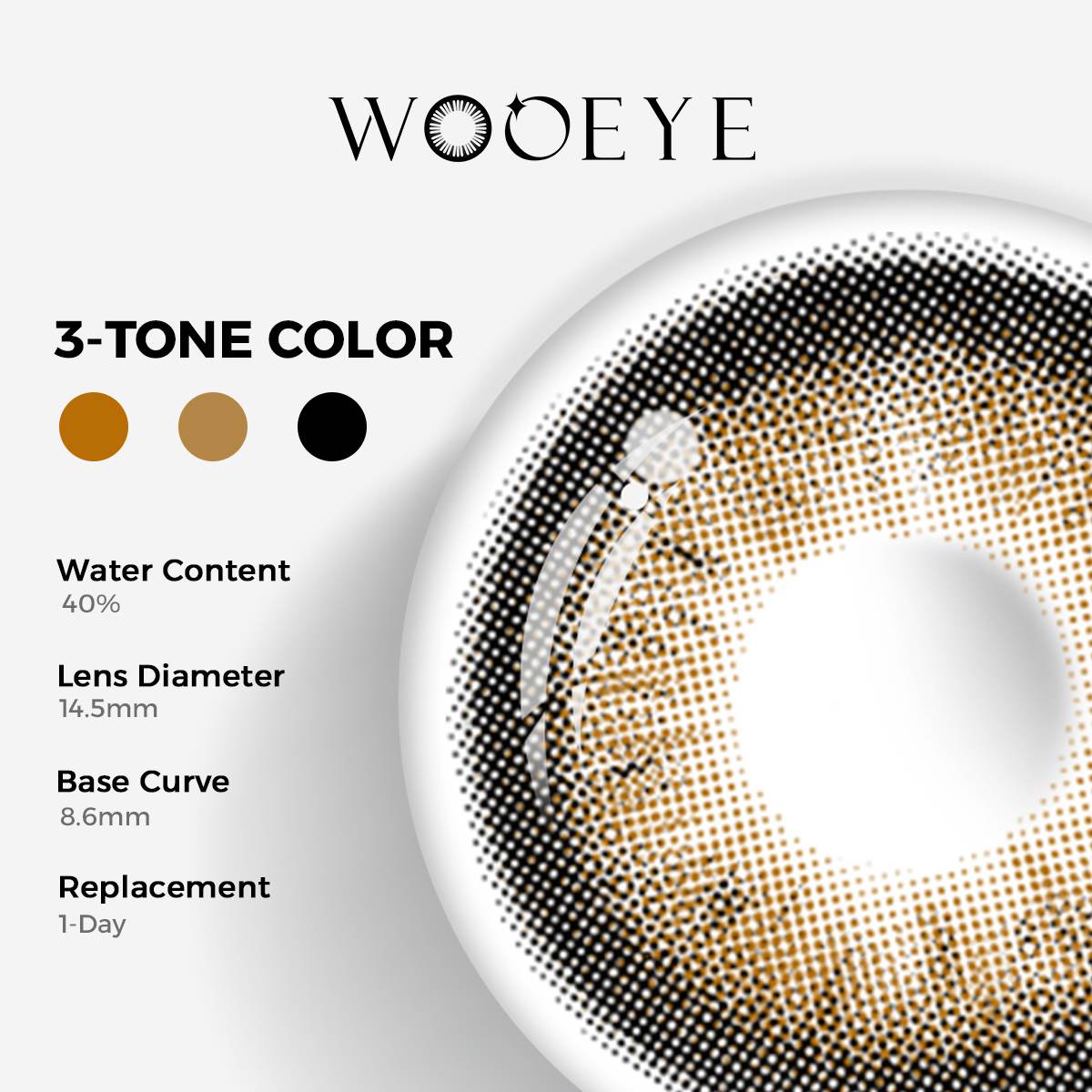 Acorn Lily Grey Color Contacts specifications: 14.5mm diameter, 8.6mm base curve, and 40% water content for daily comfort.