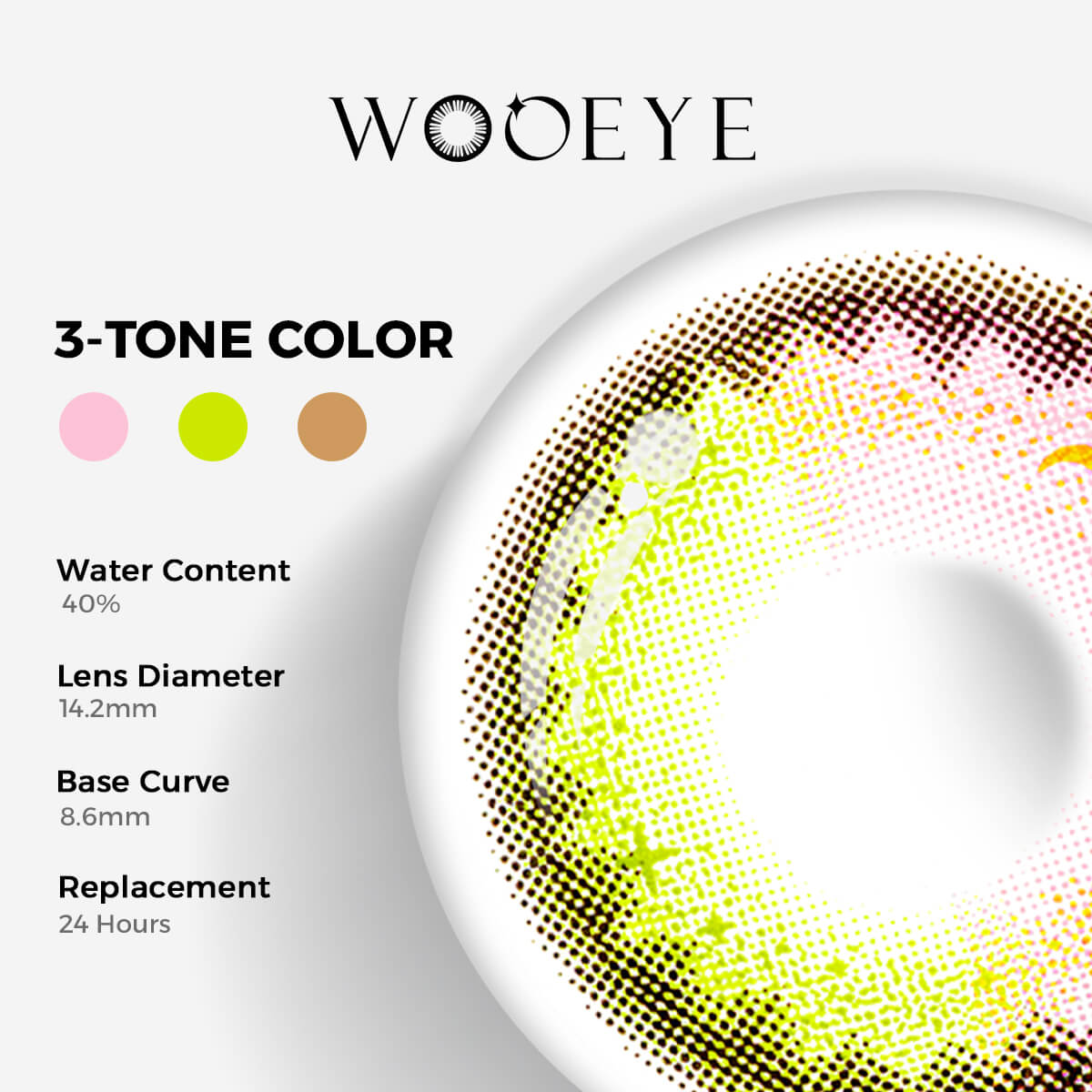 Yel Dream Elflow pink Color Contacts specifications: 14.2mm diameter, 8.6mm base curve, and 40% water content for daily comfort.