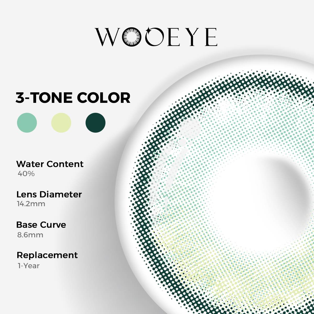 Bubbles Green Color Contacts specifications: 14.2mm diameter, 8.6mm base curve, and 40% water content for daily comfort.