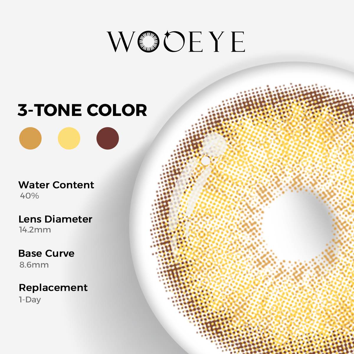 Breeze Hazel Brown Color Contacts specifications: 14.2mm diameter, 8.6mm base curve, and 40% water content for daily comfort.