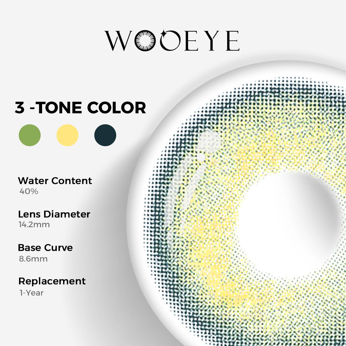 Petal Blue Color Contacts specifications: 14.2mm diameter, 8.6mm base curve, and 40% water content for daily comfort.