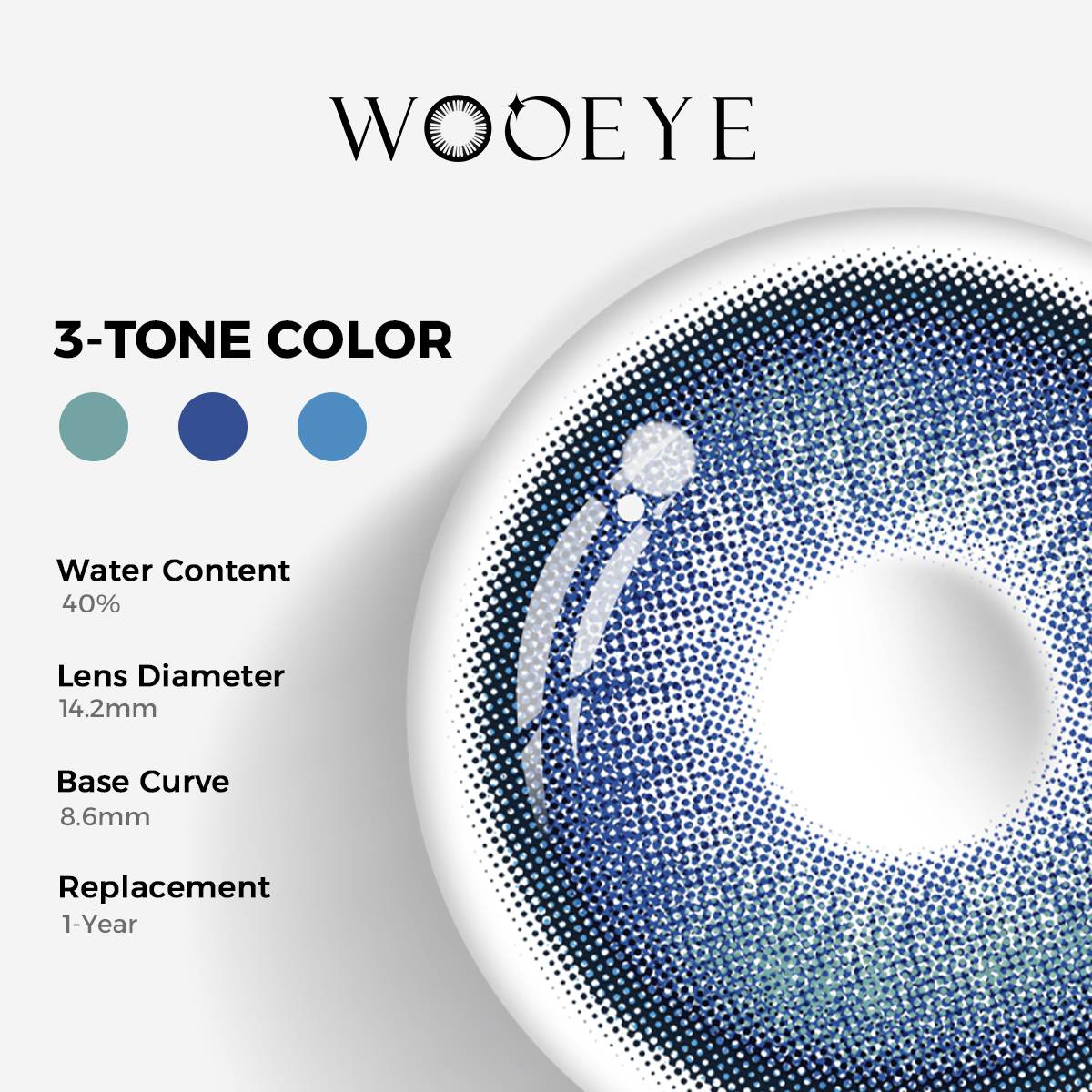 Sweet Blue Color Contacts specifications: 14.2mm diameter, 8.6mm base curve, and 40% water content for daily comfort.