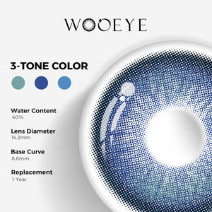Sweet Blue Color Contacts specifications: 14.2mm diameter, 8.6mm base curve, and 40% water content for daily comfort.