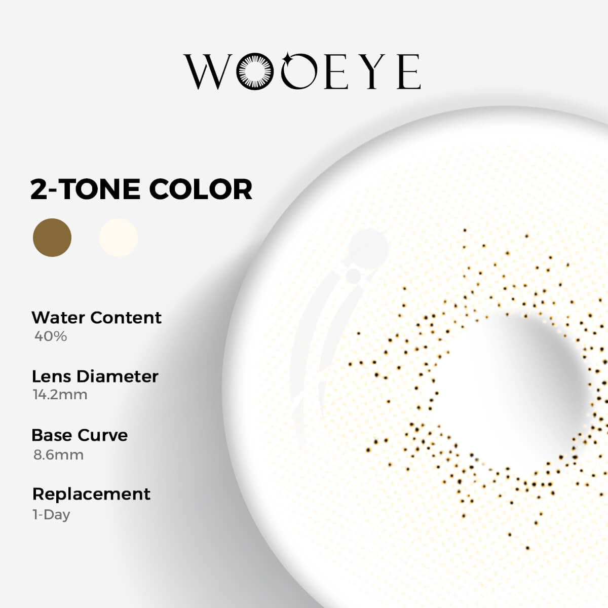 Mousse Gray Contact Lenses Color Contacts specifications: 14.2mm diameter, 8.6mm base curve, and 40% water content for daily comfort.
