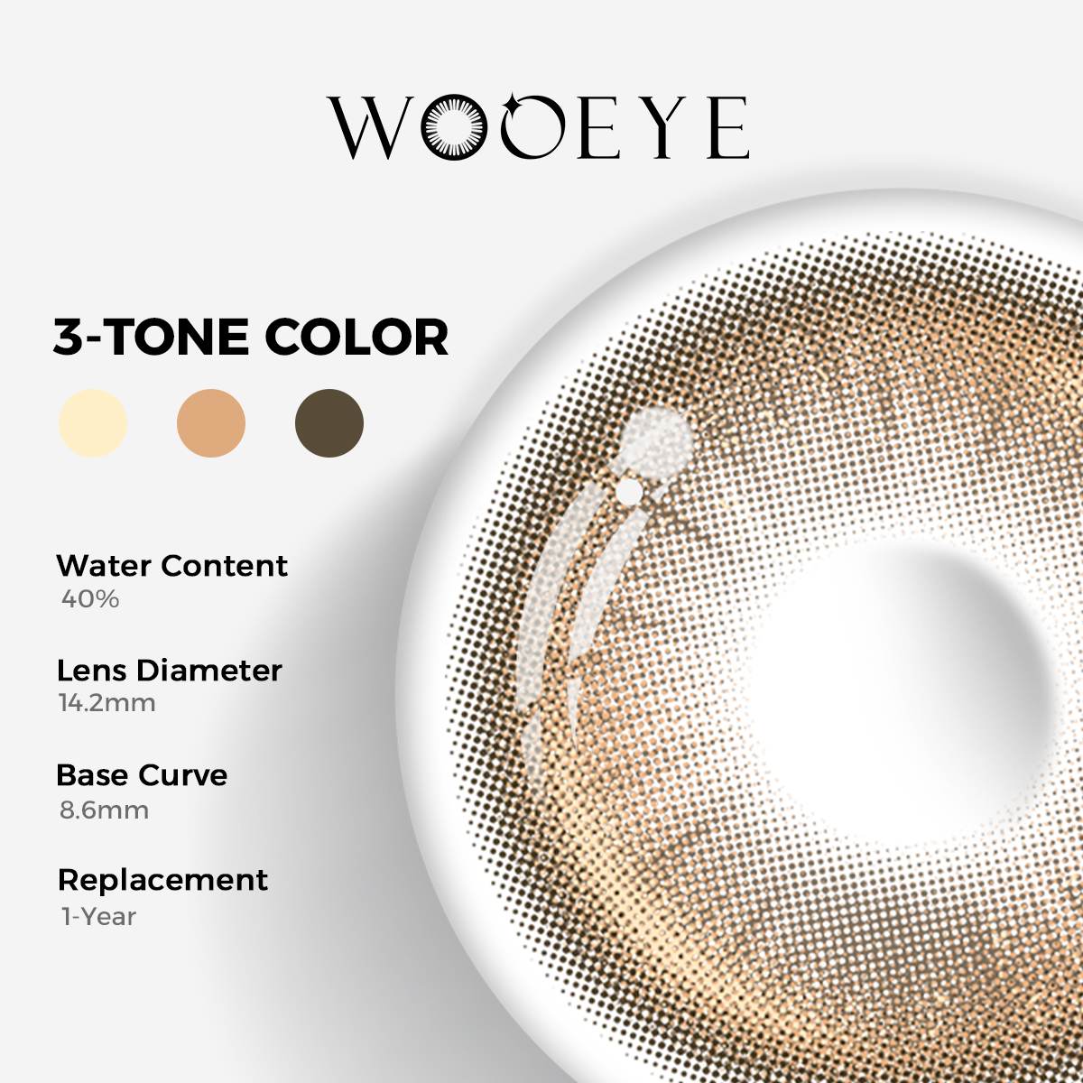 Snowfall Brown Color Contacts specifications: 14.2mm diameter, 8.6mm base curve, and 40% water content for daily comfort.