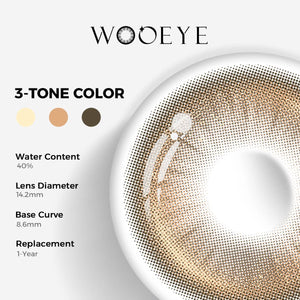 Snowfall Brown Color Contacts specifications: 14.2mm diameter, 8.6mm base curve, and 40% water content for daily comfort.