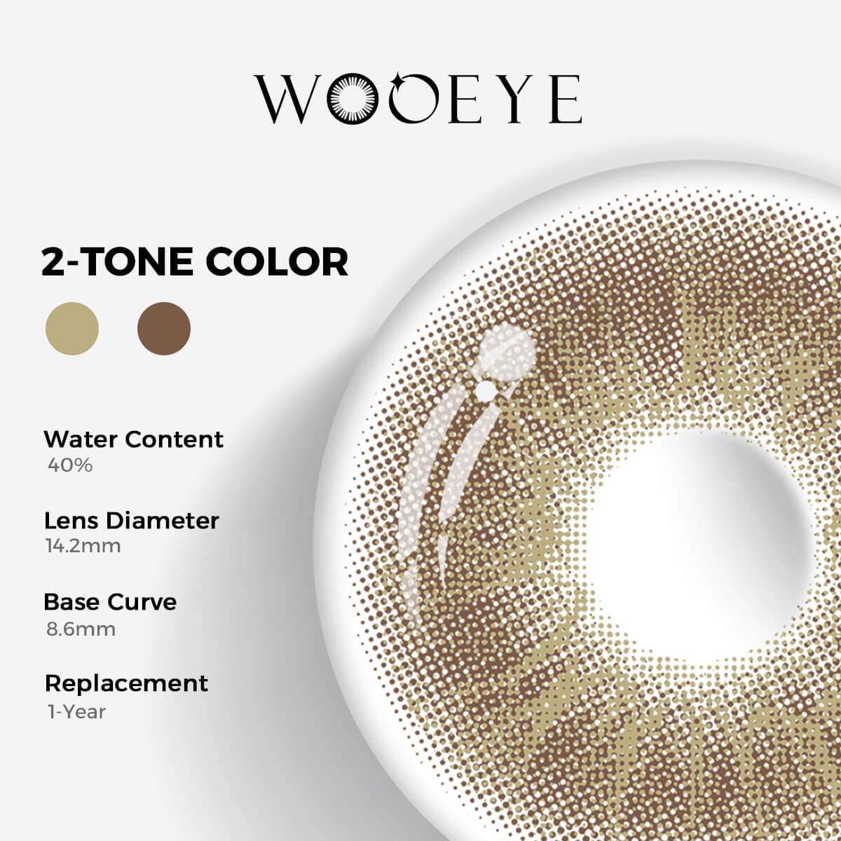 Love Brown Color Contacts specifications: 14.2mm diameter, 8.6mm base curve, and 40% water content for daily comfort.
