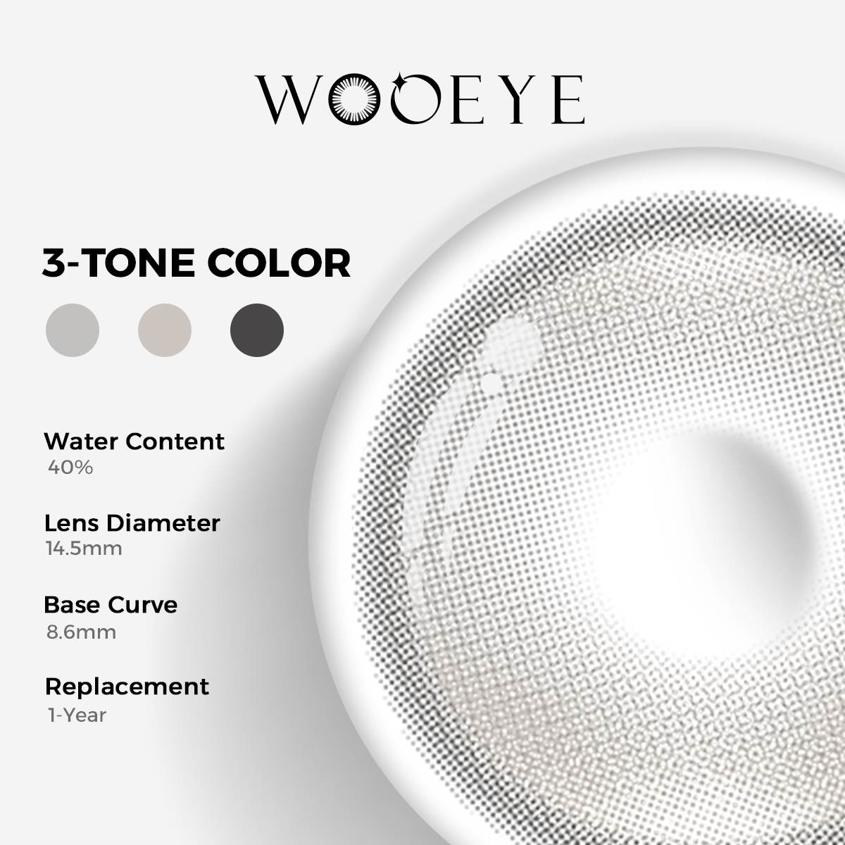 Halo Pro Silver Color Contacts specifications: 14.5mm diameter, 8.6mm base curve, and 40% water content for daily comfort.