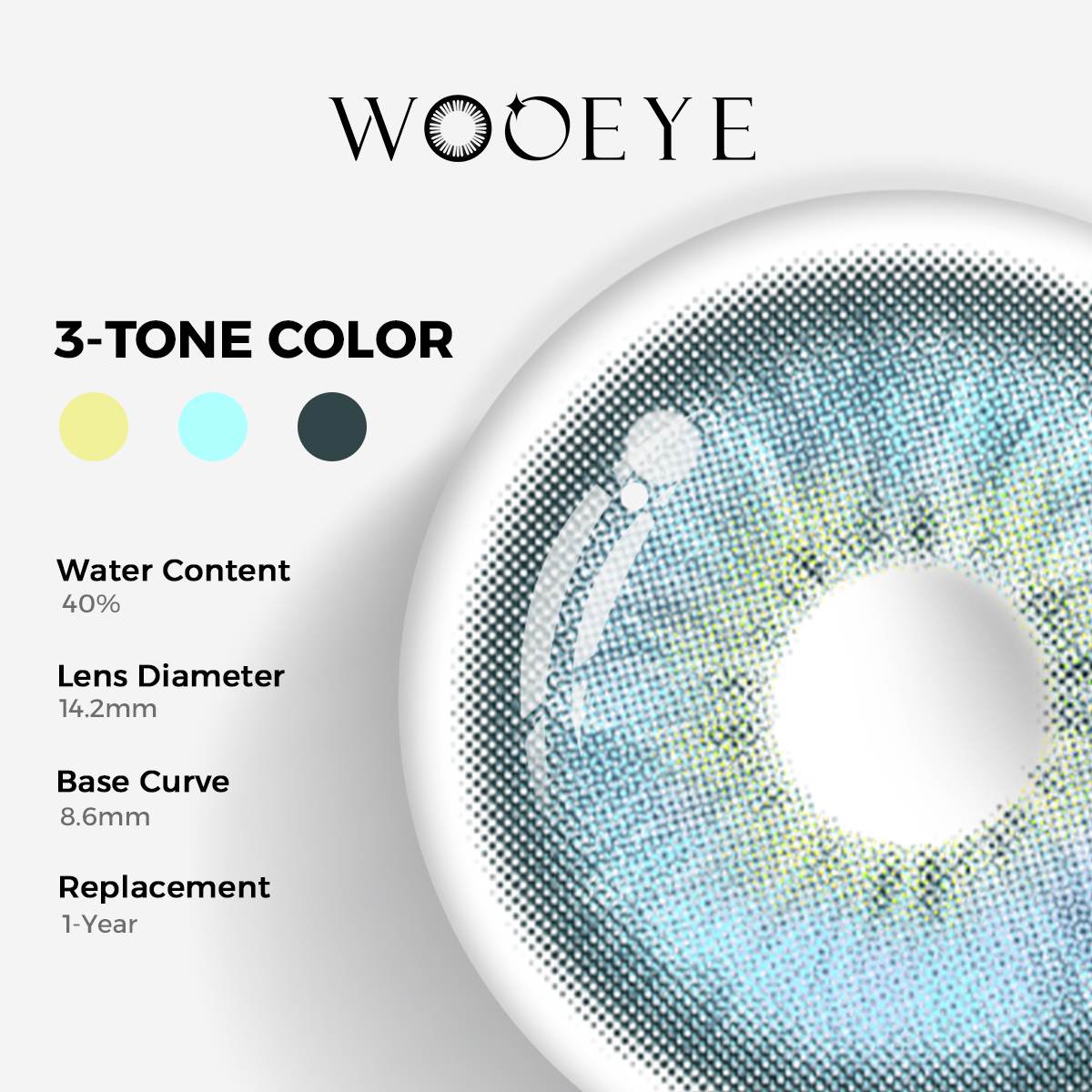 Casa Blue Color Contacts specifications: 14.2mm diameter, 8.6mm base curve, and 40% water content for daily comfort.