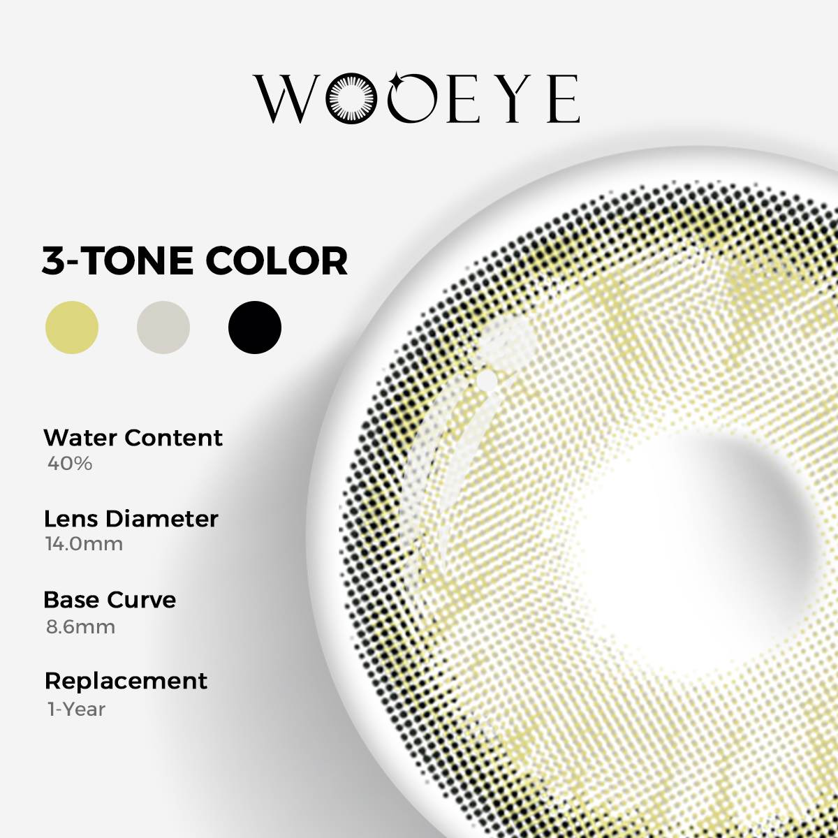 Gem Brown Color Contacts specifications: 14.0mm diameter, 8.6mm base curve, and 40% water content for daily comfort.