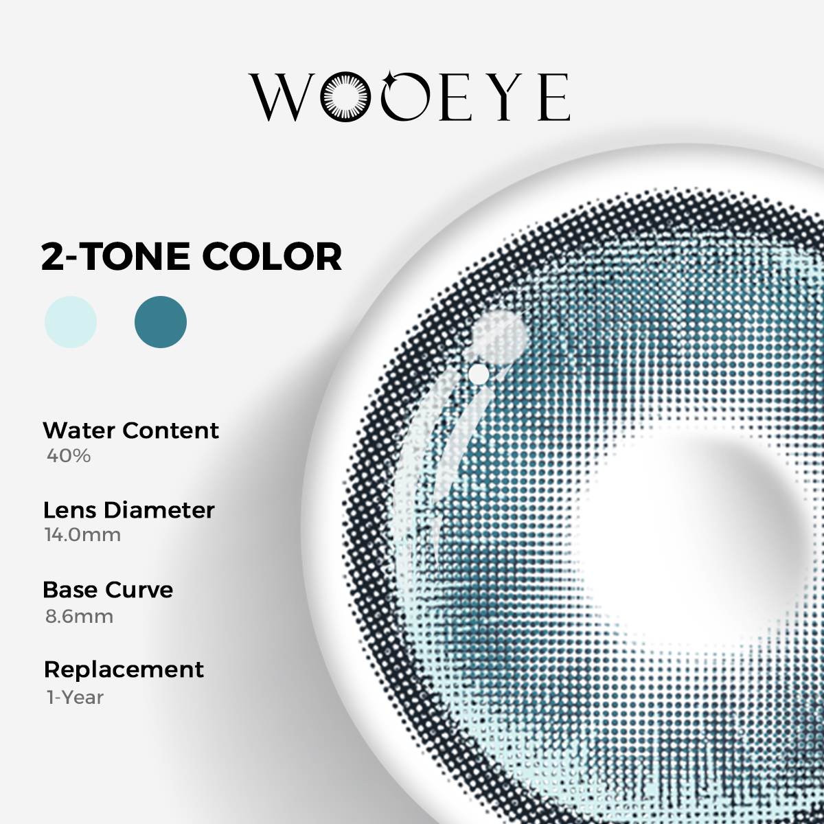 Boston Blue Color Contacts specifications: 14.0mm diameter, 8.6mm base curve, and 40% water content for daily comfort.