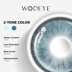 Boston Blue Color Contacts specifications: 14.0mm diameter, 8.6mm base curve, and 40% water content for daily comfort.