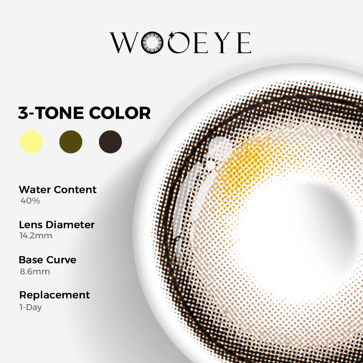 Misty Gray Contact Lenses Color Contacts specifications: 14.2mm diameter, 8.6mm base curve, and 40% water content for daily comfort.