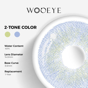 Banshe Blue Color Contacts specifications: 14.0mm diameter, 8.6mm base curve, and 40% water content for daily comfort.