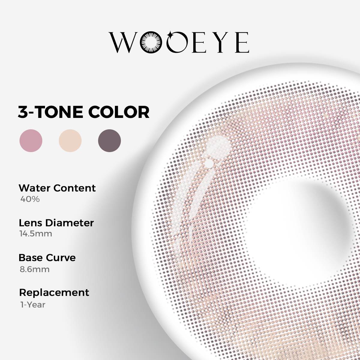 Princess Pink Color Contacts specifications: 14.5mm diameter, 8.6mm base curve, and 40% water content for daily comfort.