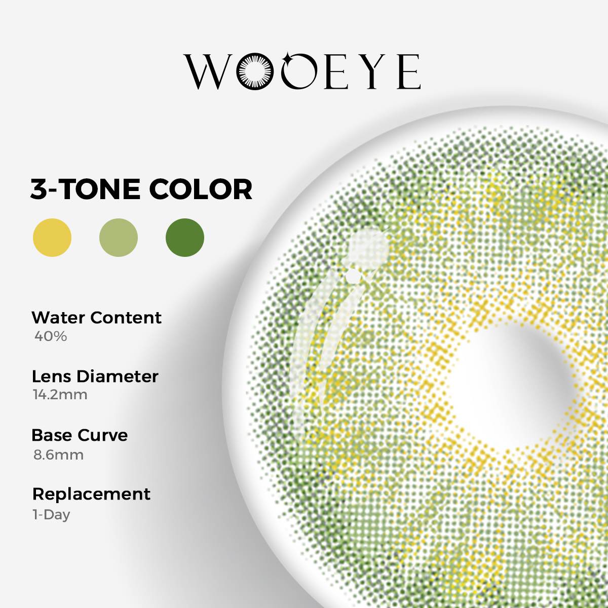 Breeze Hazel Green Color Contacts specifications: 14.2mm diameter, 8.6mm base curve, and 40% water content for daily comfort.