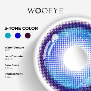 Thermo Aura Blue Color Contacts specifications: 14.5mm diameter, 8.6mm base curve, and 40% water content for daily comfort.