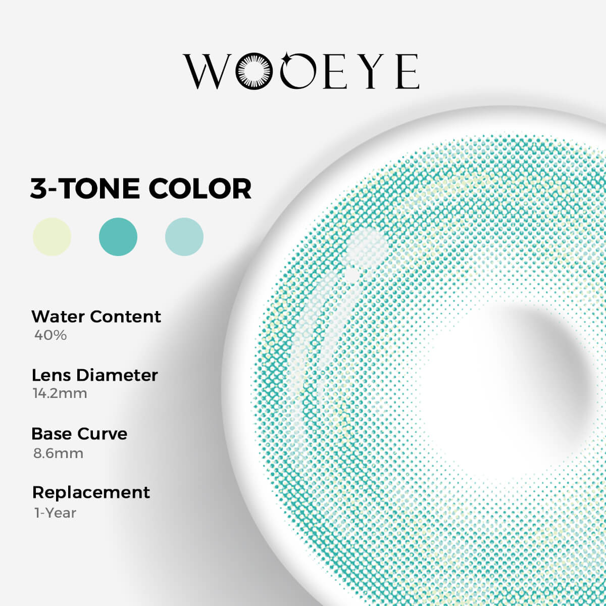 Cosmos Green Color Contacts specifications: 14.2mm diameter, 8.6mm base curve, and 40% water content for daily comfort.