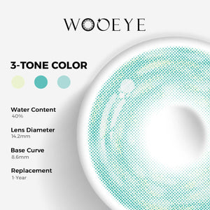 Cosmos Green Color Contacts specifications: 14.2mm diameter, 8.6mm base curve, and 40% water content for daily comfort.