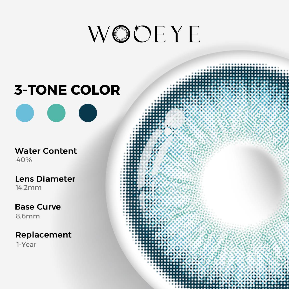 Elf Blue Color Contacts specifications: 14.2mm diameter, 8.6mm base curve, and 40% water content for daily comfort.