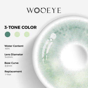 Clouds Green Color Contacts specifications: 14.2mm diameter, 8.6mm base curve, and 40% water content for daily comfort.