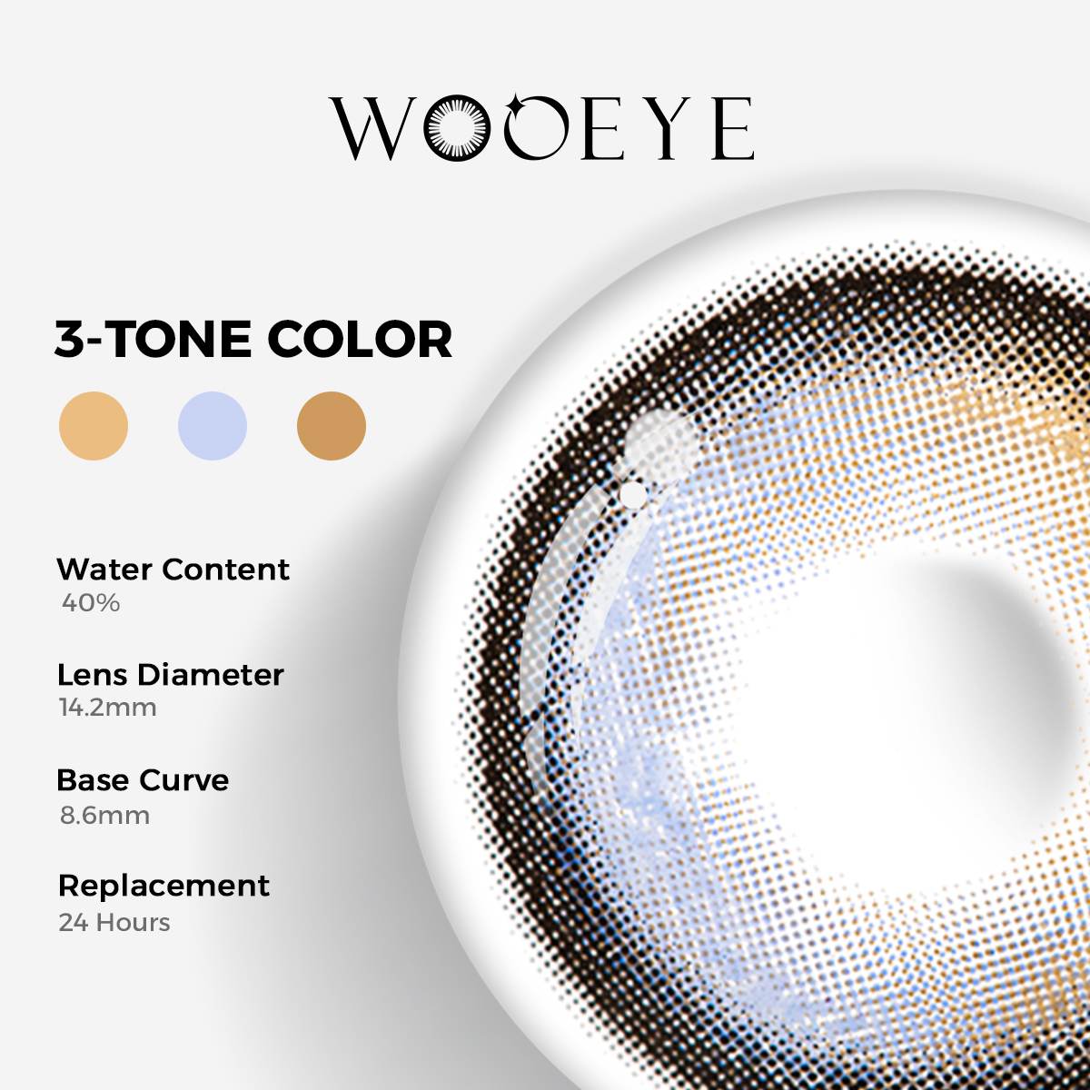 Nightfall Seaside Blue Color Contacts specifications: 14.2mm diameter, 8.6mm base curve, and 40% water content for daily comfort.