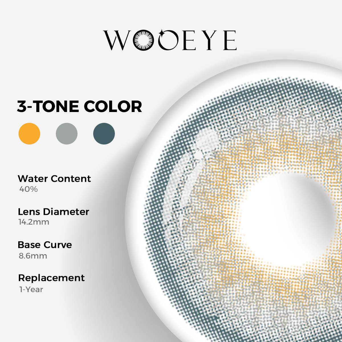 Pola Blue Color Contacts specifications: 14.2mm diameter, 8.6mm base curve, and 40% water content for daily comfort.