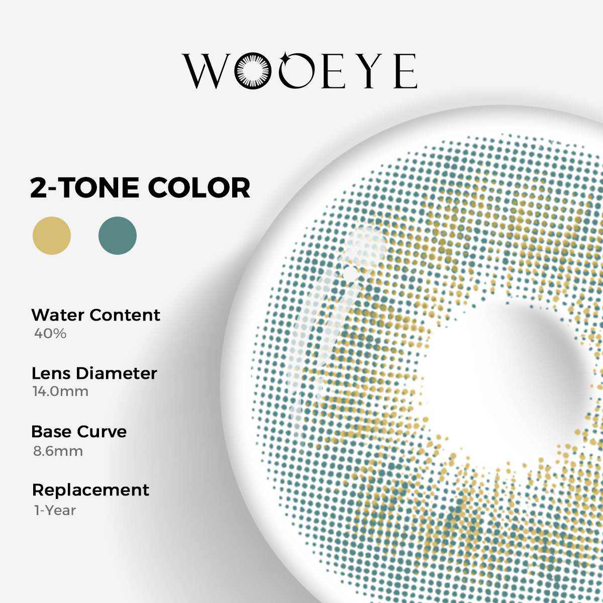 Sunkissed Green Color Contacts specifications: 14.0mm diameter, 8.6mm base curve, and 40% water content for daily comfort.