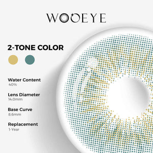 Sunkissed Green Color Contacts specifications: 14.0mm diameter, 8.6mm base curve, and 40% water content for daily comfort.