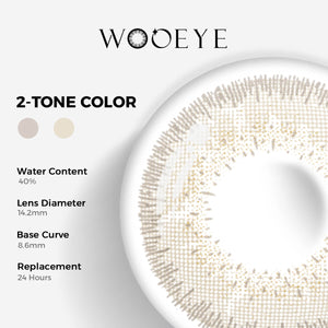 Creamy Beige Gray Color Contacts specifications: 14.2mm diameter, 8.6mm base curve, and 40% water content for daily comfort.