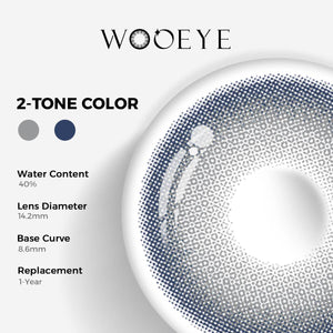 Charm Blue Color Contacts specifications: 14.2mm diameter, 8.6mm base curve, and 40% water content for daily comfort.