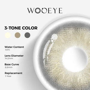 Irish Grey Color Contacts specifications: 14.2mm diameter, 8.6mm base curve, and 40% water content for daily comfort.