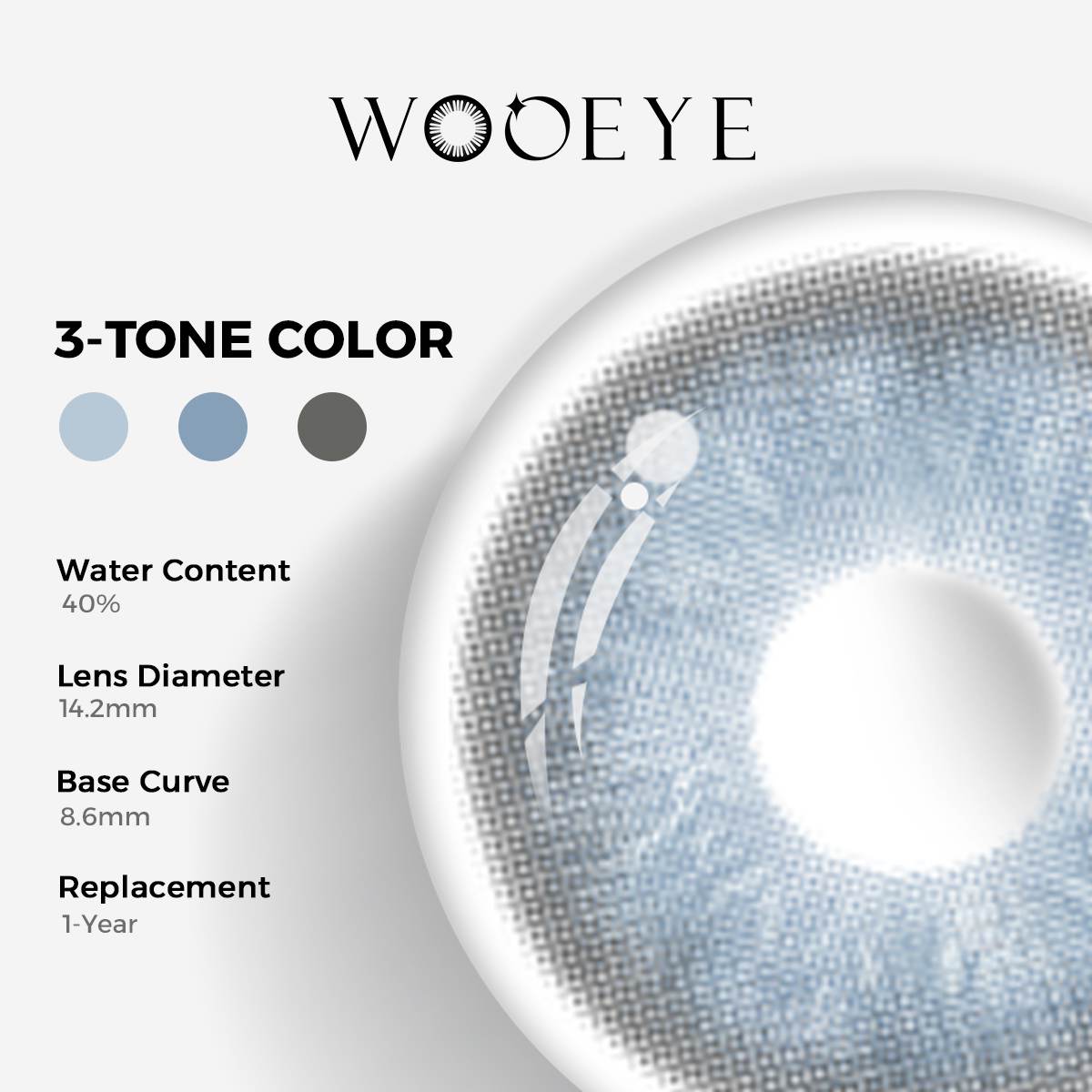 Irish Blue Color Contacts specifications: 14.2mm diameter, 8.6mm base curve, and 40% water content for daily comfort.