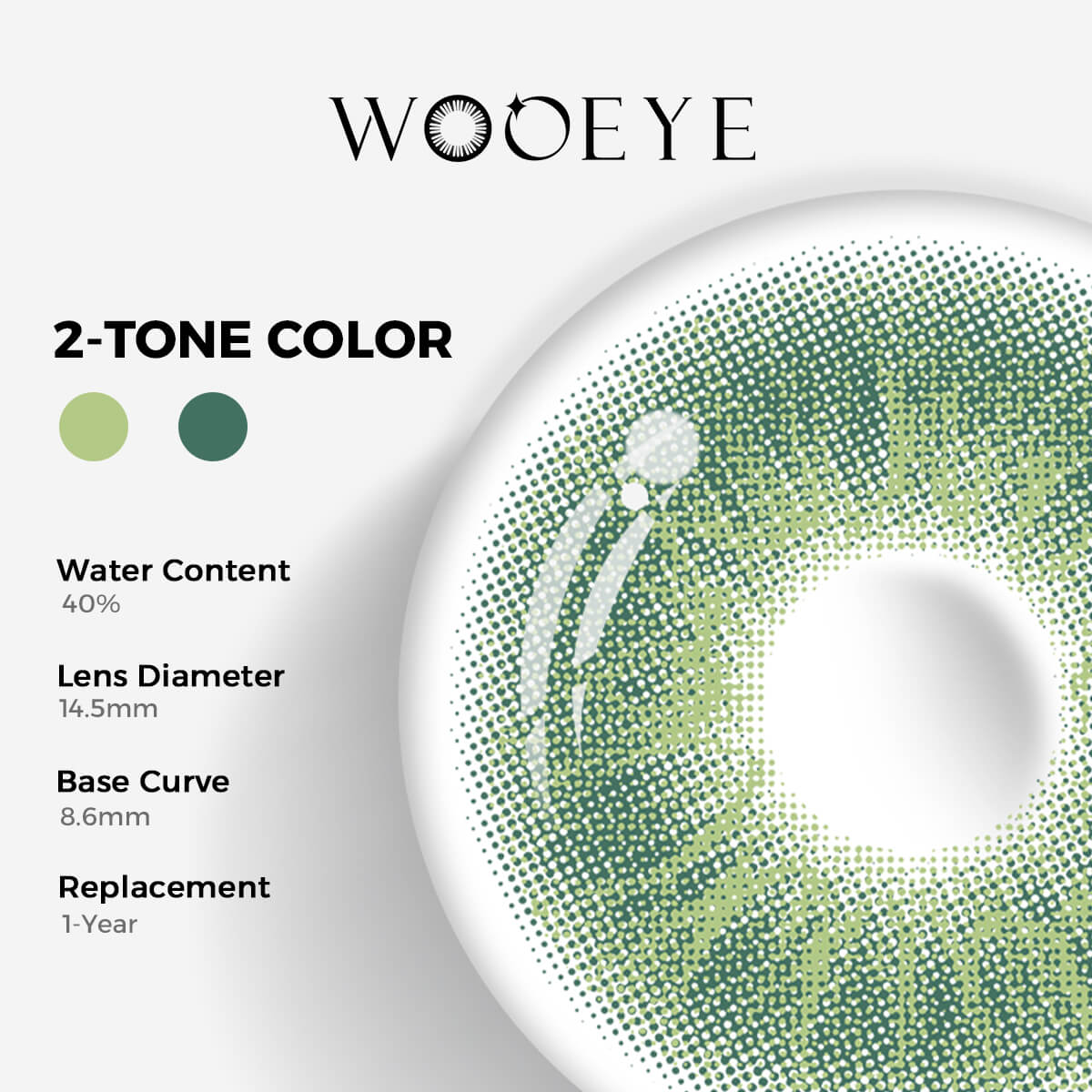 Love Green Color Contacts specifications: 14.5mm diameter, 8.6mm base curve, and 40% water content for daily comfort.