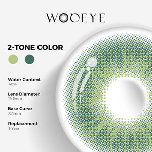 Love Green Color Contacts specifications: 14.5mm diameter, 8.6mm base curve, and 40% water content for daily comfort.