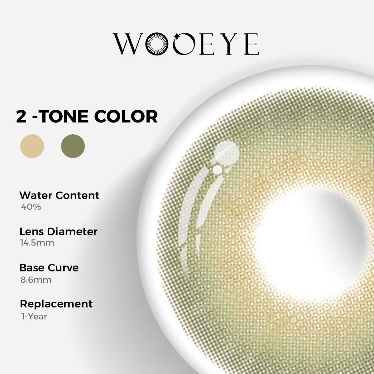 Moonlit Green Color Contacts specifications: 14.5mm diameter, 8.6mm base curve, and 40% water content for daily comfort.