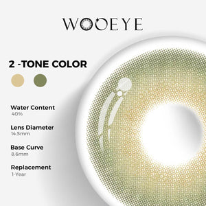 Moonlit Green Color Contacts specifications: 14.5mm diameter, 8.6mm base curve, and 40% water content for daily comfort.